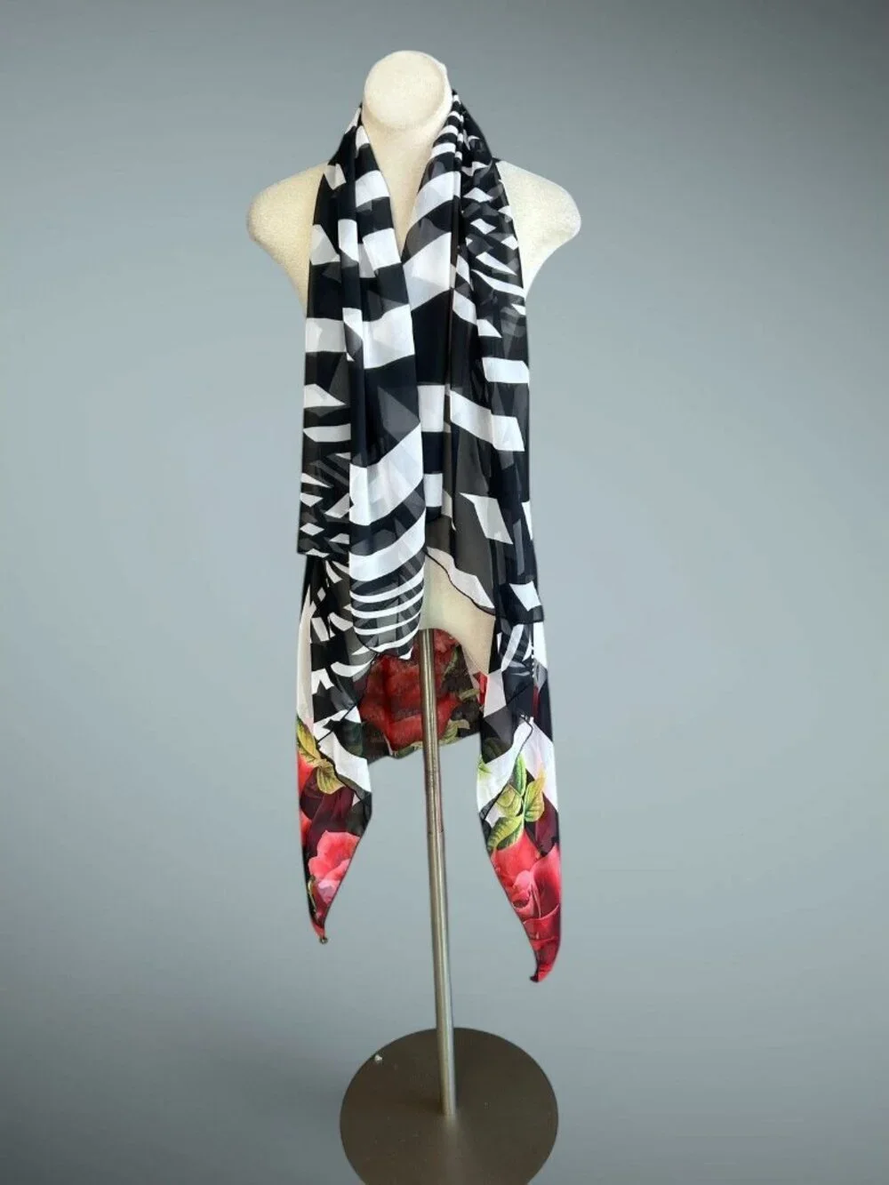 Sheer Chiffon Wrap Black White Zebra Stripes Red Rose Floral Open Drape